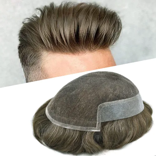 Vista 38 de Tupé de encaje suizo para hombre, pieza de cabello humano europeo, nudos blanqueados, línea capilar natural, encaje frontal, sistema de reemplazo