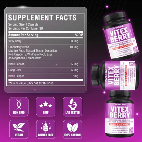 Vista 3 de Cápsulas de extracto de bayas Vitex 8050 mg 90 cápsulas - 3 meses de suministro Vitex Berry, raíz de cohosh negro, raíz de Dong Quai