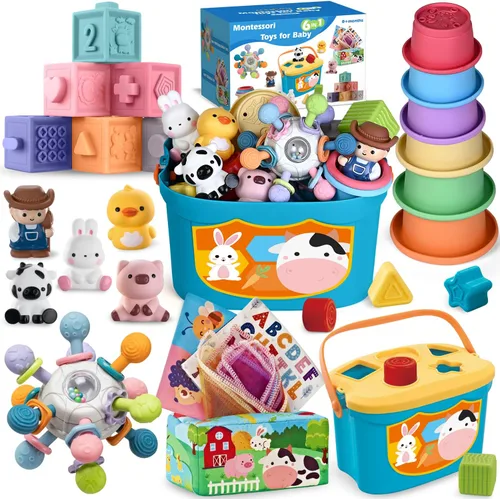 6 Juguetes de bebé en 1, juguetes para bebés de 6 a 12 meses, juguetes Montessori para niños pequeños de 0 a 6 y 12 a 18 meses, juego de animales de