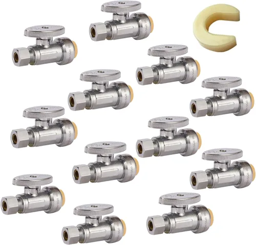 Vista 12 de Válvula de parada de ángulo de giro de 1/4, válvula de cierre de agua de compresión de 1/2 x 3/8 pulgadas con clip de desconexión, para PEX, cobre