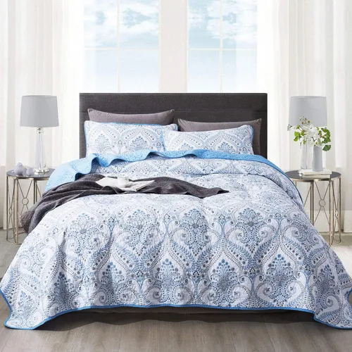 Vista 36 de NEWLAKE - Juego de cubrecama reversible de microfibra bordada con patrón floral en relieve en jacquard beige, tamaño queen