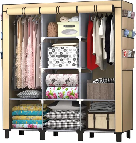 Armario portátil con 10 estantes de almacenamiento y 2 postes para colgar, 18 bolsillos laterales no tejidos, tamaño 51.2 x 17.7 x 67.7 in, Beige
