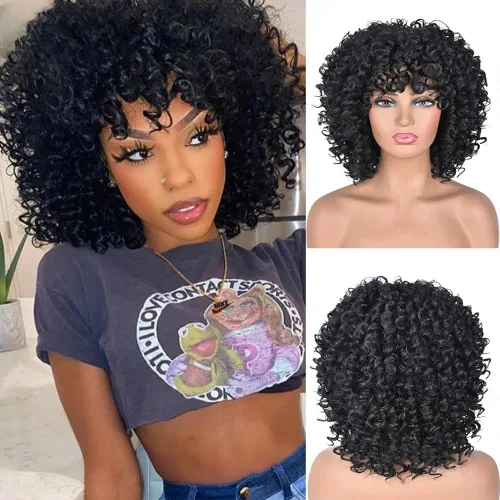 Peluca Afro Rizada Negra para Mujeres, Pelucas Rizadas para Mujeres Negras, Peluca Rizada Sintética Natural con Flequillo