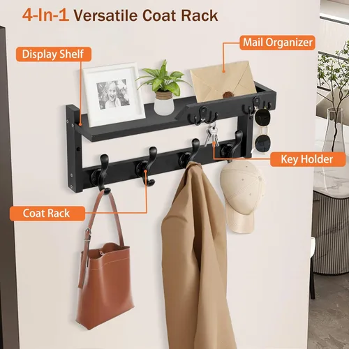 Vista 4 de dreampossible Perchero de pared con estante, perchero de pared con ganchos para llaves y soporte para correo, estante flotante de entrada de madera