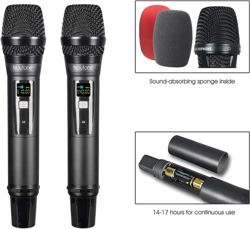 Vista 2 de Boytone Sistema de micrófono inalámbrico UHF dinámico fijo dual, micrófono y base de metal, hasta 260 pies (BT-54UM)