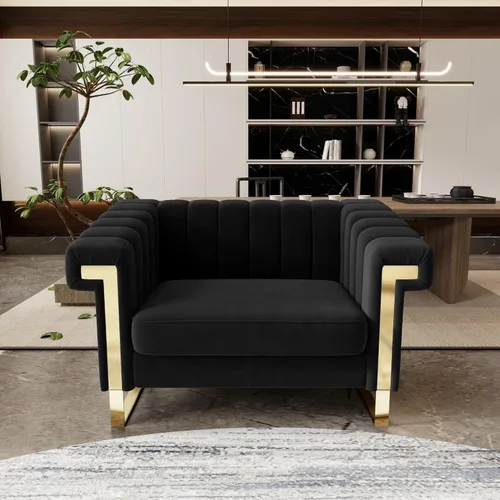 Vista 17 de Sofá de 1 pieza para sala de estar, elegante sofá de terciopelo beige con patas de metal dorado, moderno sofá copetudo de mediados de siglo