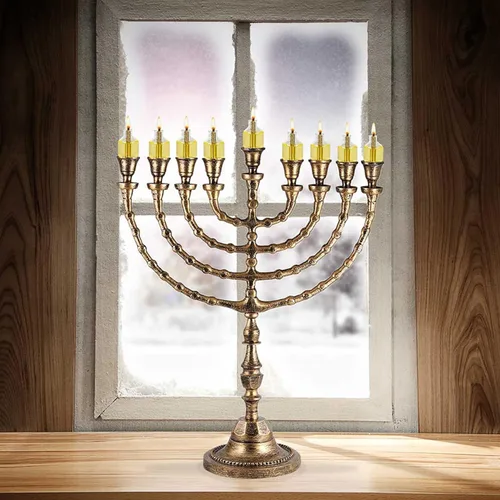 Vista 5 de Menorá tradicional extra grande de Janucá para uso con velas de Shabat o vasos de aceite, Menorá de Hanukkah de aspecto antiguo, para Shul