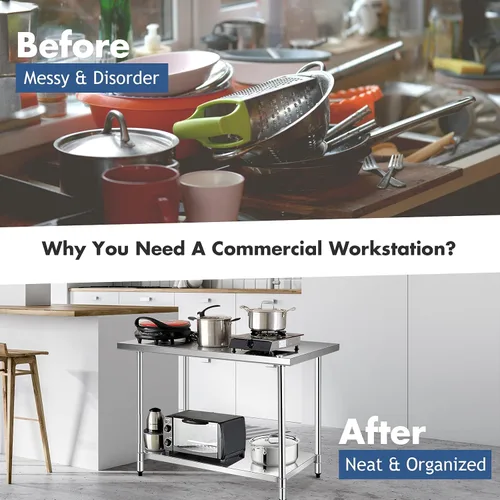 Vista 6 de PETSITE Mesa de trabajo de acero inoxidable de 48 x 30 pulgadas, estación de preparación de cocina comercial resistente con estante inferior