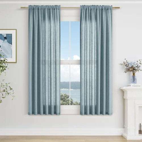 Vista 130 de Guken Cortinas de lino verde aguamarina de 84 pulgadas de largo, juego de 2 paneles semitransparentes con bolsillo para barra para comedor