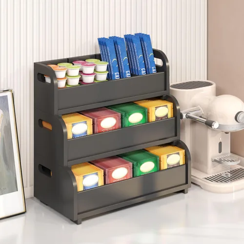 Wisuce Organizador de té para bolsas de té, organizador de té de bambú negro para bolsas de té, apilable de 3 niveles, montaje en pared, caja de