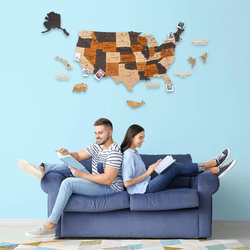 Vista 2 de HYPERI Arte de pared de madera 3D con mapa de Estados Unidos, decoración grande, mapa de viaje de Estados Unidos con chinchetas, Navidad, Año Nuevo L