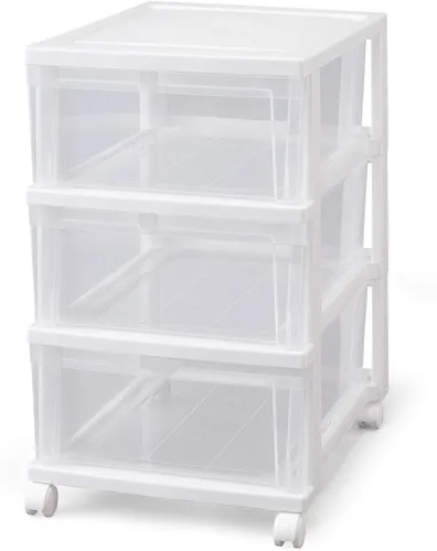 Iris Ohyama NSCLZ503 Closet Chest, White/Clear, Clothes Case, Storage Storage, Plastic, Chest, 3 Tiers, With Wheels