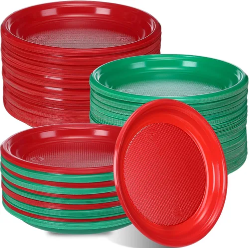 Vista 7 de 300 platos de plástico rojo verde navideño, 6.5 pulgadas