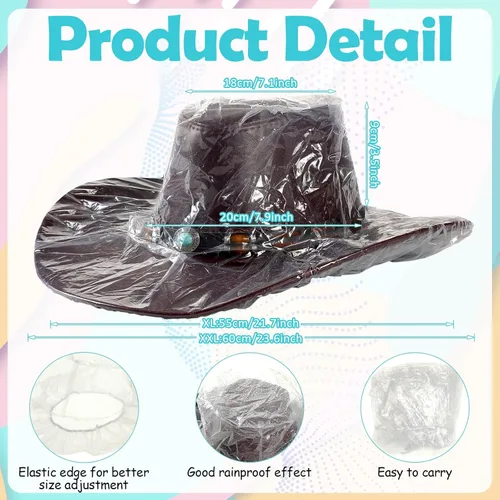 Vista 4 de 10 Pcs XL Cowboy Hat Cover Plastic Waterproof Hat Protector Elastic Rain Cover Unisex Travel Western Fedora Storage for Rain