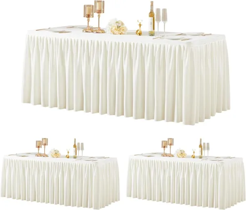 Vista 118 de Manteles de poliéster negro para mesas rectangulares de 4 pies, cubierta de mesa ajustada sin arrugas con falda de mesa plisada con volantes