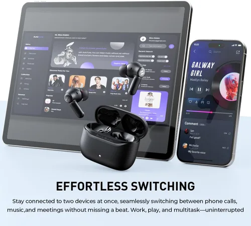 Vista 8 de havit Auriculares inalámbricos Space NC01T, fáciles de usar con conexión de doble dispositivo, 6 micrófonos ENC llamadas claras, Bluetooth estable