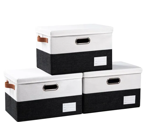 Vista 44 de PRANDOM Contenedores de almacenamiento con tapas [paquete de 3] cajas de almacenamiento plegables de tela de lino, canastas organizadoras, cubos