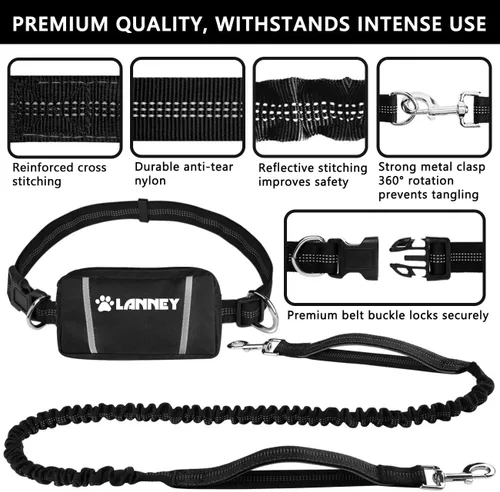 Vista 3 de Correa de perro manos libres, correa de cintura para correr con cremallera, bolsa para caminar para perros medianos grandes, mango doble