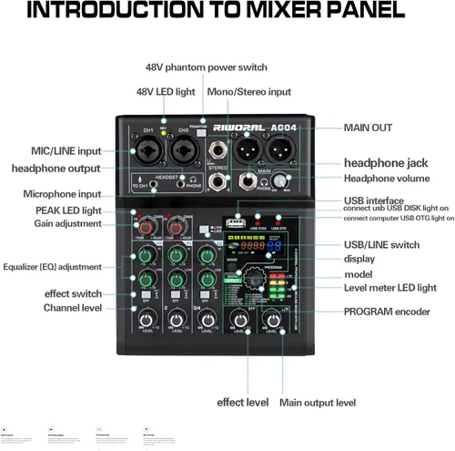 Vista 4 de Mezclador de audio de 4 canales con efectos 88 DSP, mesa de mezclas, interfaz USB, Bluetooth, reproductor de música + alimentación fantasma de línea