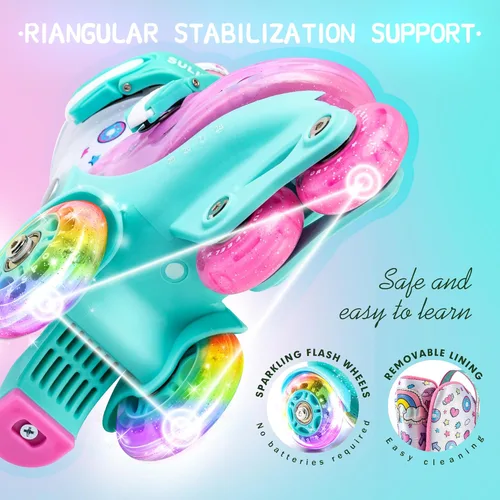Vista 2 de SULIFEEL Patines ajustables para principiantes con rodilleras de unicornio arcoíris verde y rosa