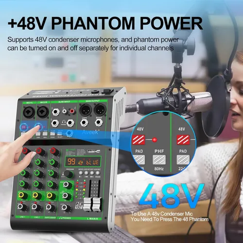 Vista 7 de Mezclador de audio Aveek, mezclador de 4 canales con Bluetooth y grabación USB