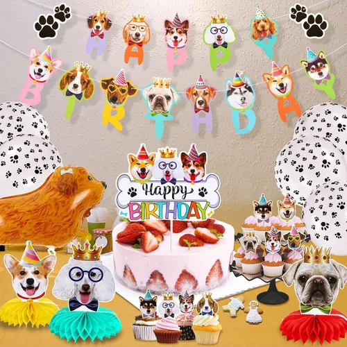 Vista 5 de 39 piezas de decoración para fiesta de perros - Bandera de cumpleaños, panales, globos y adornos para cupcakes para amantes de perros