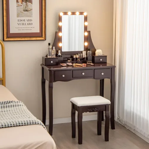 Vista 12 de CHARMAID Mesa de tocador de maquillaje con espejo iluminado, escritorio de tocador con 10 luces LED, brillo ajustable, 5 cajones y organizador