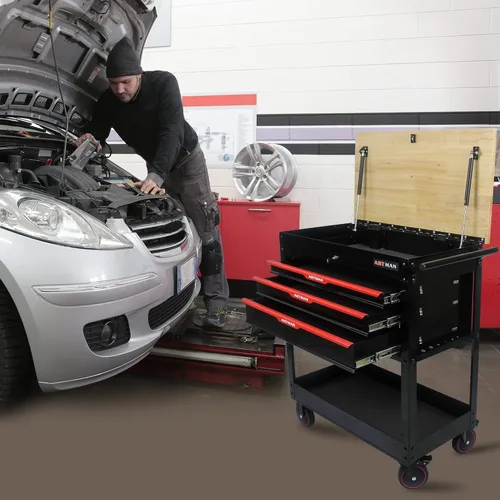 Vista 4 de Carrito de herramientas resistente con 3 cajones de almacenamiento y banco de trabajo abatible, carrito de servicio industrial para mecánicos