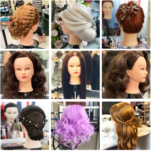 Vista 6 de Cabeza de maniquí de pelo largo de 66-71 cm con 60% cabello real, para práctica de peluquería y cosmetología, con abrazadera y 9 herramientas - #27