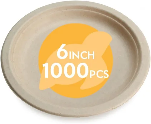 Platos de papel desechables 100% compostables a granel [6 pulgadas 1000 paquetes], platos de bambú, ecológicos, biodegradables, resistentes platos