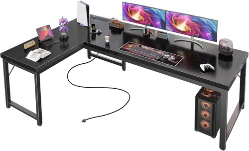 Vista 10 de Huuger Escritorio en forma de L de 55 pulgadas con tomas de corriente y puerto USB-C, escritorio de computadora reversible, escritorio de esquina