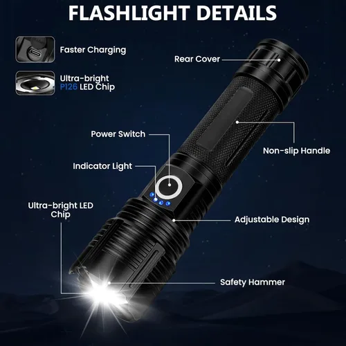 Vista 8 de Linternas de Altos Lúmenes, 99,000 Lúmenes Linterna LED Brillante Recargable, Potente Linterna Impermeable para Casa Camping Senderismo