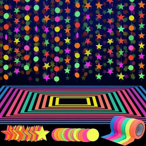 Juego de suministros de neón de 127 pies para fiestas, 6 colores, de 98.4 pies, de cinta reactiva de luz negra ultravioleta, 29 pies, de neón,