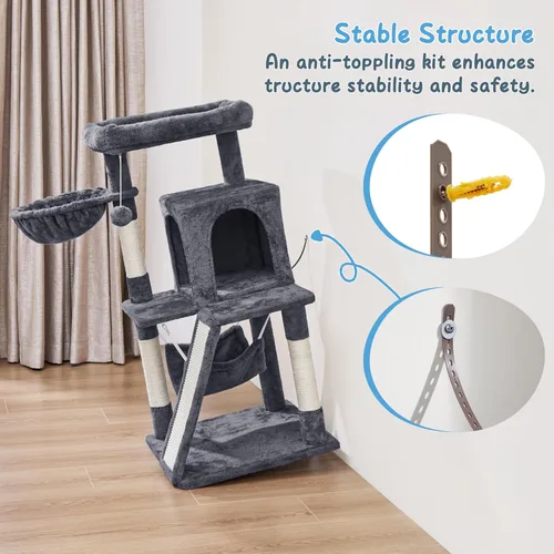 Vista 9 de Yaheetech Torre de árbol para gatos, condominio de 40 pulgadas con hamaca, plataforma suave de gran tamaño, tabla de rascar, canasta, camas