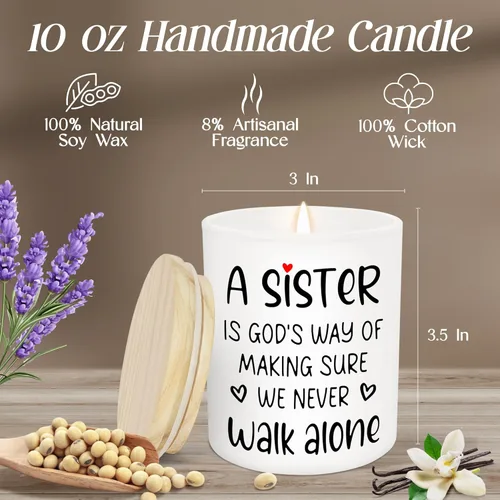 Vista 3 de TEEZWONDER Regalos para hermana – Una hermana nunca camina sola vela de larga duración vainilla lavanda 10 oz – Regalos cristianos de cumpleaños