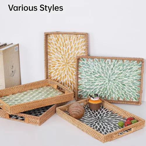 Vista 3 de Bandeja rectangular de ratán con incrustaciones de madreperla, bandeja de ratán con asa para café, pan, frutas, aperitivos, bandeja decorativa