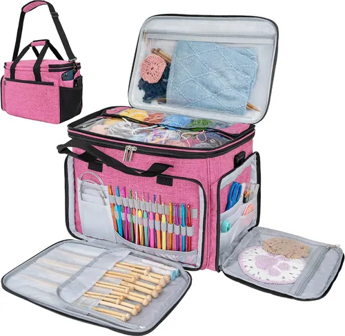 Vista 12 de PAVILIA Bolsa de tejer Bolsa de almacenamiento de hilo, Bolsa organizadora de ganchillo grande, Soporte de almacenamiento de hilo para tejer