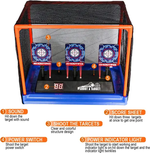 Vista 5 de Objetivo de Tiro Electrónico con Puntuación, Reinicio Automático, Objetivos Digitales para Pistolas Nerf, Juguetes con Jaula de Soporte y Red