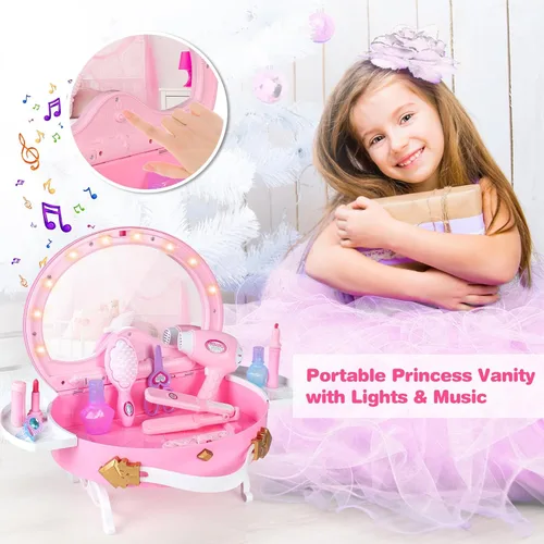 Vista 2 de Tocador para bebés - Juego de tocador de princesa de simulación para niños con espejo y accesorios de maquillaje, luces y música, tocador