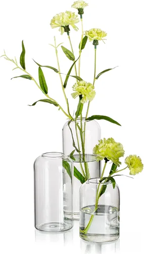 Jarrones de botones de vidrio para flores - Hewory Juego de 3 jarrones pequeños modernos de vidrio soplado para centros de mesa, mini jarrones