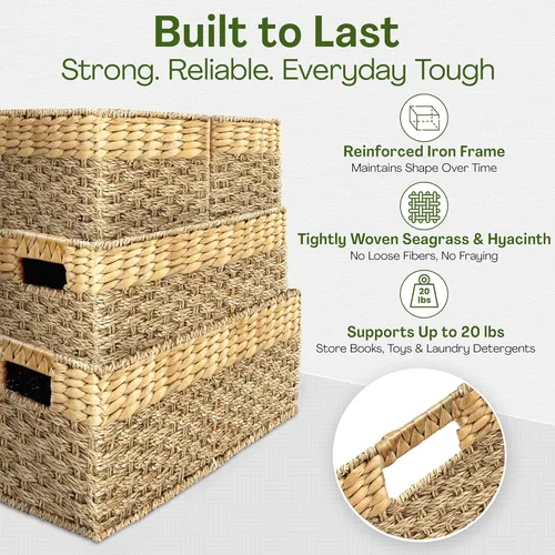 Vista 7 de Cesta de mimbre anidable de hierba marina y jacinto, multitamaño, paquete de 4, cestas de almacenamiento tejidas naturales para organizar la sala