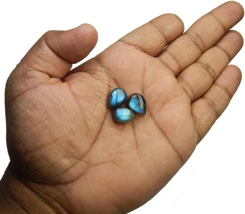 Vista 4 de Natural Calibrated 10x14mm Pear Shape Blue Fire Labradorite Cabochon Loose Gemstone 3pcs Box. for Healing Wellness and Jewelry Making.