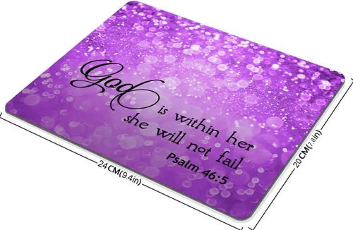 Vista 2 de Smooffly Salmo 46:5 God is Within Her,She Will Not Fall- Versículo de la Biblia Púrpura destellos con patrón de purpurina Alfombrilla para mouse