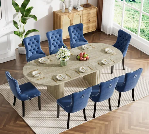 Vista 64 de Pvillez Extendable Dining Table Set of 8, Black Oval Dining Room Table & 8 Black Velvet Dining Chairs with Wood Leg, 62.99"-78.74" Kitchen Table and