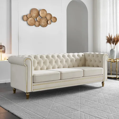 Yoglad Sofá Chesterfield de terciopelo, sofá de 3 plazas moderno de mediados de siglo de 84.65 pulgadas, con brazos redondos y patas de metal, sofá