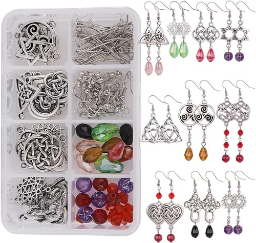 Vista 8 de SUNNYCLUE 1 caja de 8 pares de aretes de nudo celta de plata antigua, aretes colgantes de perlas, kit de inicio de fabricación de joyas