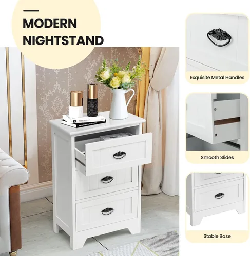 Vista 6 de COSTWAY Mesita de noche con 3 cajones, mesa auxiliar para dormitorio, almacenamiento de madera, mesita de noche, color blanco