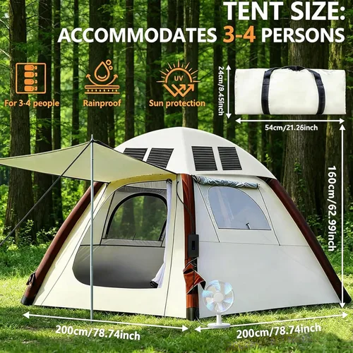 Vista 2 de Automatic Tents for Camping 4 Person with Rechargeable Device, Portable Carry 4000mm Waterproof & UV Protection Pop Up Tent, Easy Setup Instant