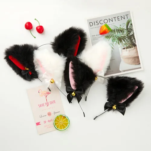 Vista 2 de Diadema de orejas de perro y gato de piel sintética con campanas, accesorio para el cabello flexible y encantador accesorio para el cabello