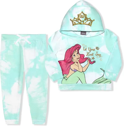 Disney Princess - Paquete de 2 sudaderas con capucha y pantalón deportivo para niñas color verde teñido anudado